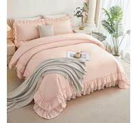 ANGIYUIN 5 Pieces Blush Pink King Size Comforter Set Double-Layer Ruffled Bedding Sets Fluffy Farmhouse Bedding Comforter Set with Sheets for Women(Blush Pink King)