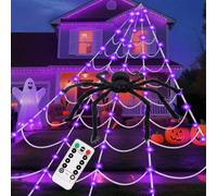 AngKng Halloween Decorations, Spider Web Lights with Black 4FT Spider, 250 LED Spider Web Lights Purple Halloween Decorations with 8 Modes, 17.4Ft Giant Spiderweb for Holiday House Decor Party Yard