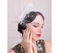 Anglacesmade 1920s Feather Hair Clip with White Birdcage Veil Pearl Peacock Feather Fascinator Great Gatsby Flapper Headpiece for Women and Girls