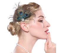Anglacesmade 1920s Flapper Peacock Feather Hair Clip Crystal Great Gatsby Hair Piece Vintage Roaring 20s Prom Party Festival Hair Accessories for Women and Girls