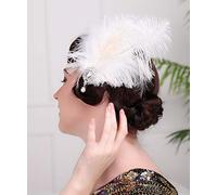 Anglacesmade 1920s Flapper White Feather Headpiece Crystal Pendant Hair Clip Roaring 20s Feather Accessories Masquerade Hair Jewelry for Women and Girls