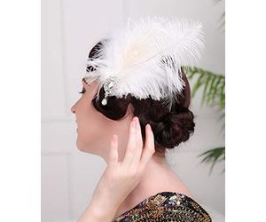 Anglacesmade 1920s Flapper White Feather Headpiece Crystal Pendant Hair Clip Roaring 20s Feather Accessories Masquerade Hair Jewelry for Women and Girls