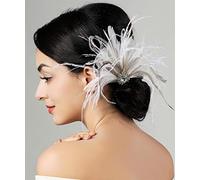 Anglacesmade Bridal 1920s Flapper Feather Hair Clip Pin Crystal White Feather Roaring 20s Headpiece Prom Party Festival Gatsby Hair Jewelry for Women and Girls