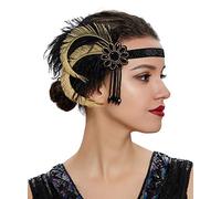 Anglacesmade Bridal 1920s Flapper Feather Headband Crystal Flower Beaded Tassel Black Feather Headpiece Great Gatsby Hair Jewelry for Women and Girls (Yellow)