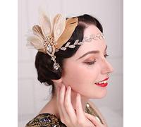 Anglacesmade Bridal 1920s Flapper Feather Headband Feather Hair Clip with Crystal Leaf Head Chain Roaring 20s Headpiece Gatsby Themed Party Hair Jewelry for Women and Girls