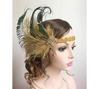 Anglacesmade Bridal 1920s Flapper Feather Headband with Crystal Beaded Head Chain Peacock Feather Roaring 20s Headpiece Prom Party Festival Gatsby Hair Jewelry for Women and Girls