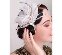 Anglacesmade Bridal 1920s Flapper Feather Headband with Crystal Head Chain Tassel White Feather Roaring 20s Headpiece Prom Party Festival Gatsby Hair Jewelry for Women and Girls