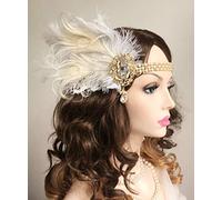 Anglacesmade Bridal 1920s Flapper Feather Headband with Crystal Pearl Head Chain White Feather Roaring 20s Headpiece Prom Party Festival Gatsby Hair Jewelry for Women and Girls