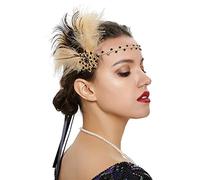 Anglacesmade Bridal 1920s Flapper Feather Headband with Hair Clip Crystal Flower Black Peacock Feather Headpiece Great Gatsby Hair Jewelry for Women and Girls (Shallow khaki)