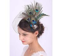 Anglacesmade Bridal Feather Hair Clip with Black Veil Peacock Feather Fascinator Bridal Short Veil for Wedding Prom Festival Party 20s Flapper Headpiece for Women and Girls