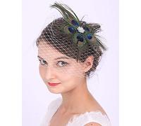Anglacesmade Bridal Feather Hair Clip with White Veil Peacock Feather Fascinator Bridal Short Veil for Wedding Prom Festival Party 20s Flapper Headpiece for Women and Girls