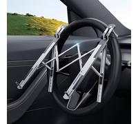 Angle Adjustable Car Steering Wheel Laptop Holder,Foldable Laptop Stand for car,Metal Car Notebook Riser | Car Reading Stand | Car Tablet Holder, Multipurpose Travel Car Accessories (Silver)