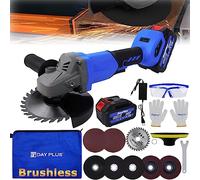 Angle Grinder Cordless with Battery 6.0Ah, 21V Brushless Cordless Grinder Tool 10000RPM with 5Pcs 115mm Grinder Disc & 1Pc 115mm Circular Wood Saw Blade & Side Handle for Grinding Cutting Polishing