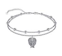 Angle Wings Anklets 925 Sterling Silver Angel Wings Love Heart Anklet Bracelet Dainty Layered Heart Anklet Double Chain Anklets for Women Summer Boho Foot Chains 11 Inches