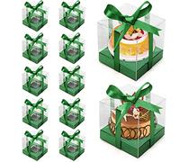 Anglecai 12 Pack Clear Plastic Cupcake Boxes, 3.5 Inch Green Single Cupcake Containers Disposable Individual Cupcake Carrier Holder Box with Inserts and Ribbon Clear Boxes for Cupcakes