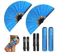 Anglekai 13’’ Glitter Large Rave Folding Clack Hand Fan, 1P/ 2P Shiny Line Dancing Hand Popping Fan with 2 Waist Belt/Sleeves for Dance Decoration (2, Blue)