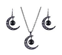 ANGLEQUEEN Halloween Moon Necklace Earring Set for Women Gothic Skeleton Moon Pendant Necklace Earring Set Vintage Black Zirconia Celestial Moons Jewelry Set Halloween Costume Accessories, Alloy Steel