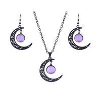 ANGLEQUEEN Halloween Moon Necklace Earring Set for Women Gothic Skeleton Moon Pendant Necklace Earring Set Vintage Black Zirconia Celestial Moons Jewelry Set Halloween Costume Accessories, Alloy Steel
