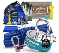 AnglerMag Magnet Fishing Kit, 1250 lbs Double Sided Magnetic Fishing Kit with Rope, Carabiner, Gloves, Grappling Hook & Carrying Bag, 10 Piece Complete Set