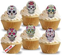 Anglesit 24 x Pre-Cut Calavera Skulls Edible Rice/Wafer Paper Cupcake Cake Toppers Halloween Party Birthday Decorations