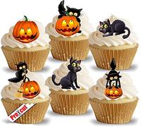 Anglesit 24 x Pre-Cut Cat & Pumpkin Edible Rice/Wafer Paper Cupcake Cake Toppers Halloween Party Birthday Decorations