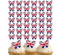 Anglesit 44 pcs Pre-Cut Union Jack Butterflies Edible Wafer/Rice Paper Cupcake Cake Dessert Toppers Royal Party Birthday Coronation Jubilee British Flag Anniversary Decorations