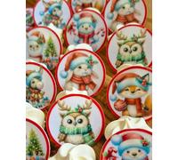 Anglesit Pre-Cut Cute Christmas Animals Edible Cake Decorations Rice Wafer Paper Cupcake Toppers Wedding Party Xmas Cake Toppers Birthday Cupcake Decoration Party Supplies Celebration (Style 6)
