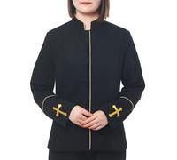 Anglican Clergy Clerical Coat Jacket for Women Church Priest Stand-up Collar Button Down Robe Vestment with Cross for Minister Pastor