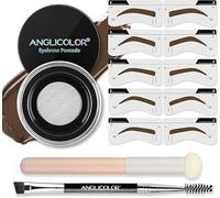 Anglicolor 24HR Brow Stencil Kit - Waterproof Pomade, 5 Reusable Stencils & Dual Brush, Matte, Vegan ((05#DARK BROWN))