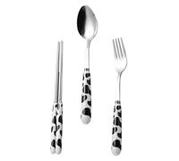 Angoily 1 Set Children's Cutlery Cow Print Stainless Steel Spoon Fork Chopsticks Kit Ceramic Handles Smooth Surface Suitable for Dinner Party
