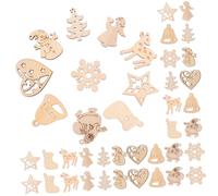Angoily 100pcs Xmas Wood Slices Unfinished Wooden Christmas Hanging Ornaments Mixed Shapes Snowman Angel Reindeer Santa Bell Heart DIY Craft Decorations