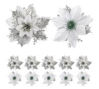 Angoily 15pcs Artificial Christmas Poinsettia Flowers in Silver Silk Cloth with Glitter, Easy to Decorate for Xmas Tree, Wreaths, and Christmas Party Decorations