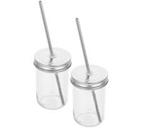 Angoily 2pcs 250ml Wide Mouth Mason Jar Juice Cups Lid and Straw, Glass Drinking Mugs Multipurpose Sealed Cold Food Containers for Home and Travel