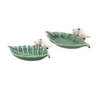 Angoily 2pcs Ceramic Bird Bath Bowl for Small Birds and Hummingbirds Leaf Shape Smooth Glazed Surface and Nonslip Design for Year-round Outdoor Use