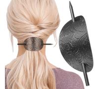 Angoily 2pcs Vintage Leather Hair Barrettes with Sticks for Women Oval Hair Bun Accessories Black and Copper Pins for Updos and Ponytail Styling