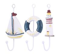 Angoily 3 Pcs Mediterranean Style Wooden Wall Hanger Decorative Hooks with Iron Material Featuring Sailing, Lighthouse, and Swimming Circle Shapes, Easy to Mount and Strong Enough for Keys