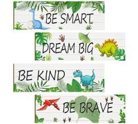 Angoily 4pcs Wooden Dinosaur Inspirational Wall Decors with Hanging Hook for Nursery Room Or Classroom, Easy Installation, Cute Cartoon Style Wall Decoration
