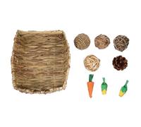 Angoily 9pcs Natural Rabbit Chew Set with Handwoven Straw Bed, 4 Chew Balls, Corn and Carrot Teething for Guinea Pigs, Hamsters, and Small Animals Bedding Play