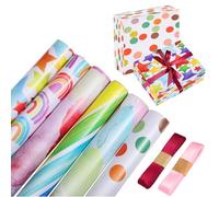 Angoily Birthday Wrapping Paper Set and Unique Pattern with 4pcs 2m Polyester Ribbons 24pcs Easy to Cut and Tear-resistant Paper Delicate Colour for DIY Wrapping and Graduations