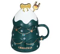 Angoily Christmas Coffee Mug with Lid, 500ml Large Capacity Christmas Cup Ceramic Tea Milk Cup Coffee Mug with Lid Spoon for Home Office and Camping，Green