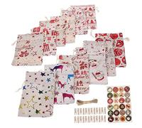 Angoily Christmas Drawstring Gift Bags with Foil Pattern Portable Cotton Linen Candy and Cookie Pouches with Wooden Clips Stickers Jute Rope for Party Favors and Holiday Treat Packaging