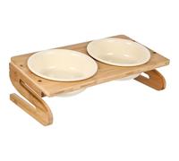 Angoily Elevated Ceramic Cat Bowl with Bamboo Stand Double Bowls in Off- Anti-tip Household Pet Feeding Kit Easy-clean Smooth Surface for Cats and Kittens