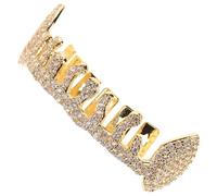 Angoily Golden Teeth Grills for Men with Secure Snug Fit, Copper Material and Genuine Layer of Golden, Irregular Shape for Hip Hop and Rapper Style, Unique Modern Design with Rhinestones
