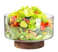 Angoily Japanese Style Glass Fruit Bowl with Wooden Base Clear Salad Container Snack Dessert Holder for Home Parties Buffet and Celebrations