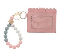 Angoily Pink Leather Keychain Card Holder with Beaded Bracelet Design and Small Cards Pouch Comfortable to Take Hanging on Bags or Keys