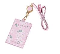 Angoily PU Leather Id Card Holder with Removable Lanyard Stylish Flower Print Pass Holder for Secure Badge Protection Easy Access Card Slots Pink Fashion Accessory for Work and Travel