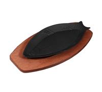 Angoily Small Cast Iron Skillet with Wooden Base, Creative Fish-Shaped Japanese Steak Plate Set for Restaurant Kitchen Cooking Pan Grilling Meats (12.18 X 5.5 X 0.98 inch)