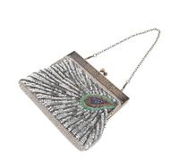 Angoily Vintage Silver Peacock Shaped Evening Bag for Women with Handmade Sequin and Bead Embroidery, Elegant Polyester Clutch Purse for Formal Events and Banquets