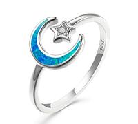 Angol Opal Moon Star Ring, 925 Sterling Silver Crescent Moon Ring, Opal Adjustable Opening Moon Statement Jewelry for Women Teens Size 6 7 8 9 10 with Gift Box blue
