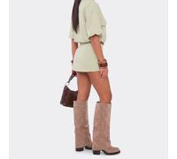 Angola Layered Knee High Chunky Heeled Boot In Taupe Faux Suede, Women's Size UK 3